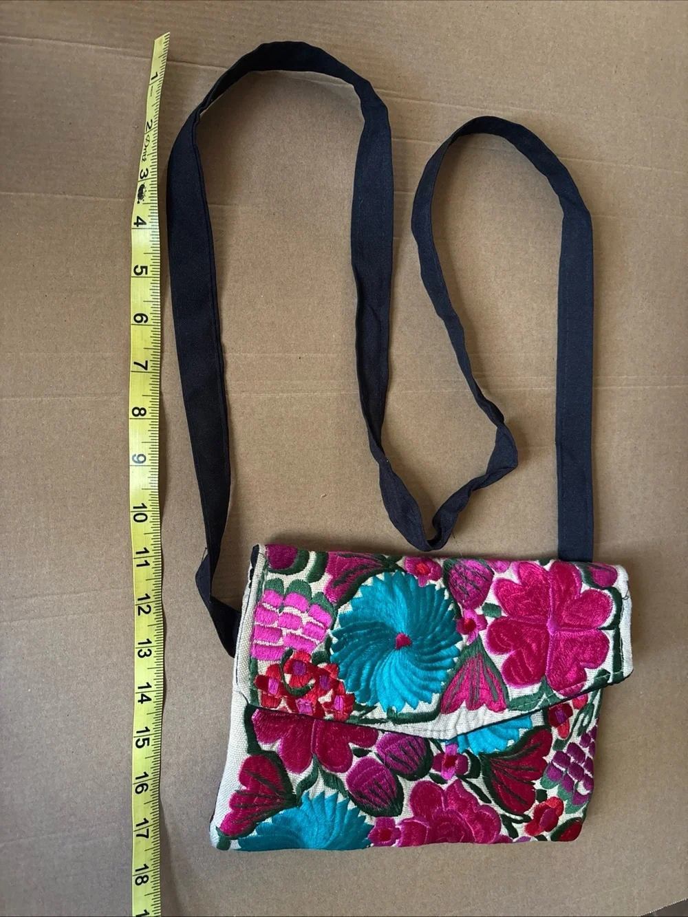 Mexican Boho Embroidered Floral Crossbody Bag in Pink & Teal w defects vintage - Picture 9 of 16